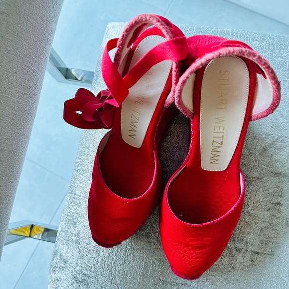 Stuart Weitzman Marguerita Canvas Wedge Sandal Red Size 6 pre-owned - Picture 7 of 9